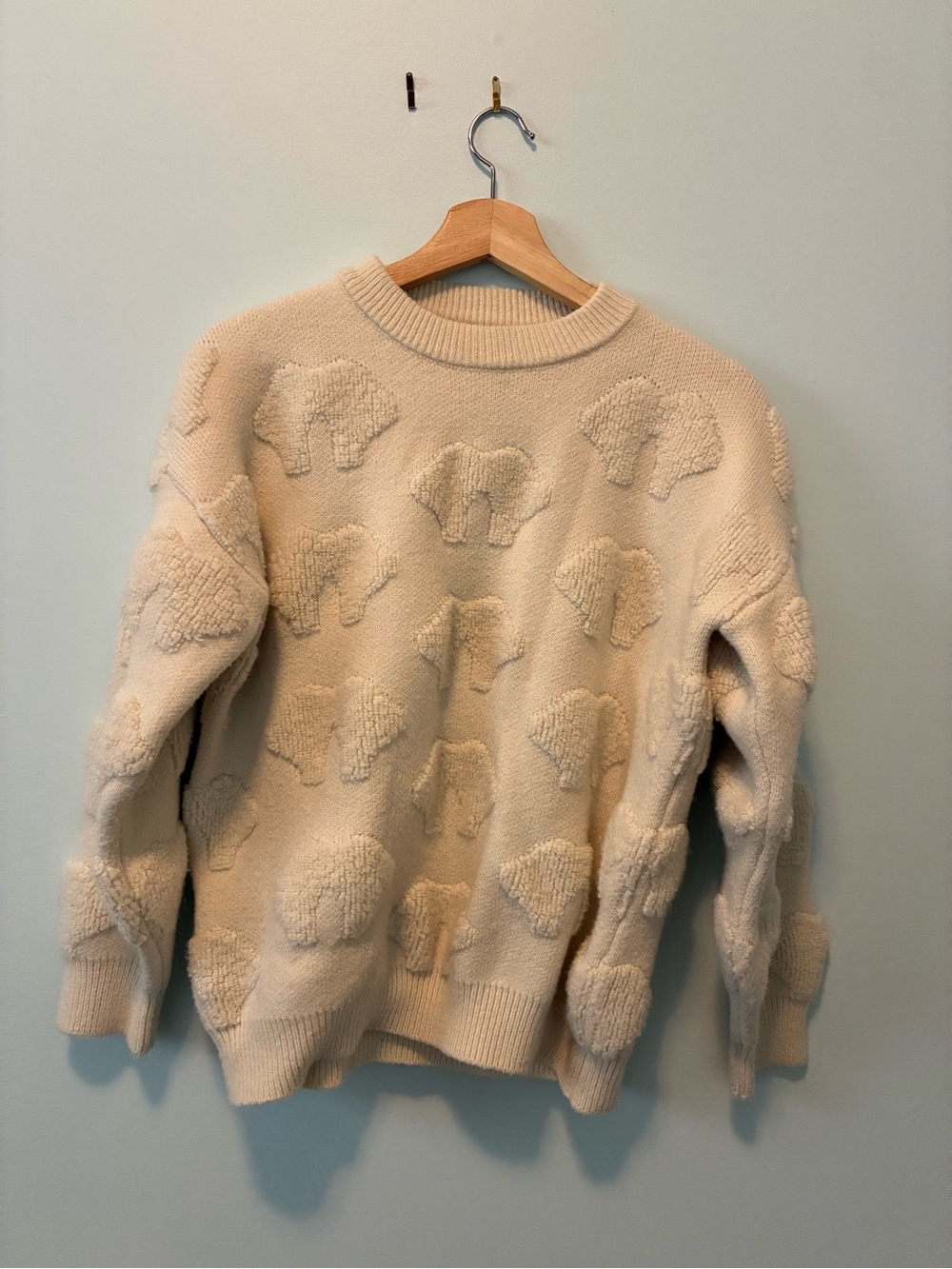 Cream Textured Elephant Pattern Crewneck Sweater